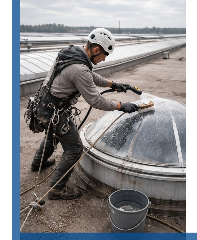 Мойка зенитных фонарей на кровле для промышленных объектов в Геленджике