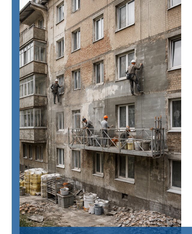 Капитальный ремонт фасада в Геленджике с восстановлением и гидроизоляцией