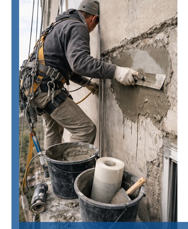 Ремонт бетонных элементов фасада промышленными альпинистами в Геленджике