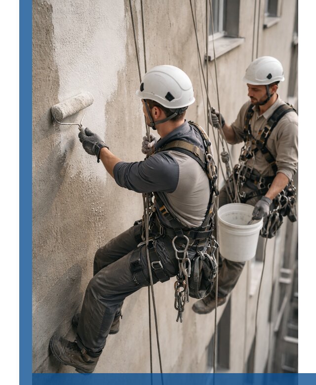 Грунтовка фасада на высоте в Геленджике промышленными альпинистами