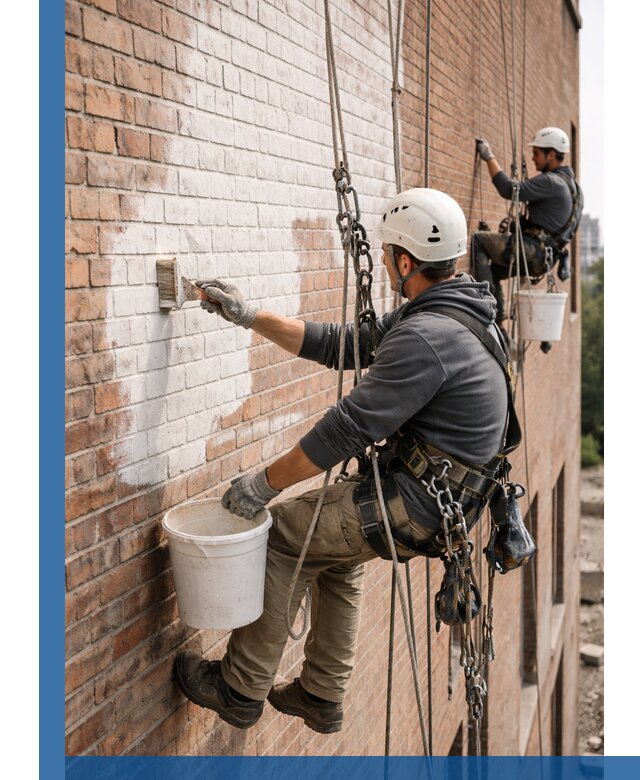 Покраска кирпичного фасада с доступным альпинистским сервисом в Геленджике
