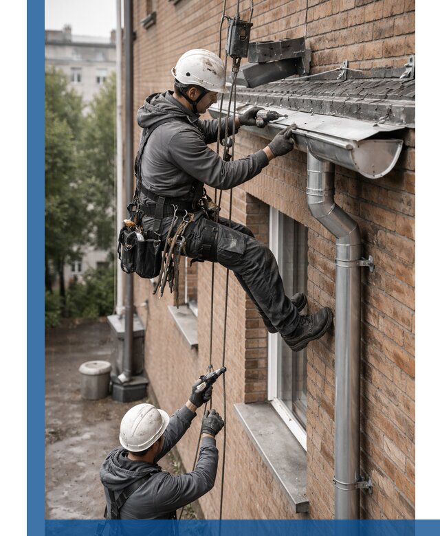 Монтаж водосточной системы на здании в Геленджике под ключ