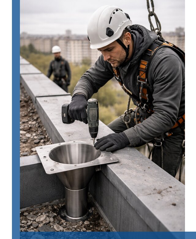 Монтаж водосточных воронок в Геленджике для промышленных зданий