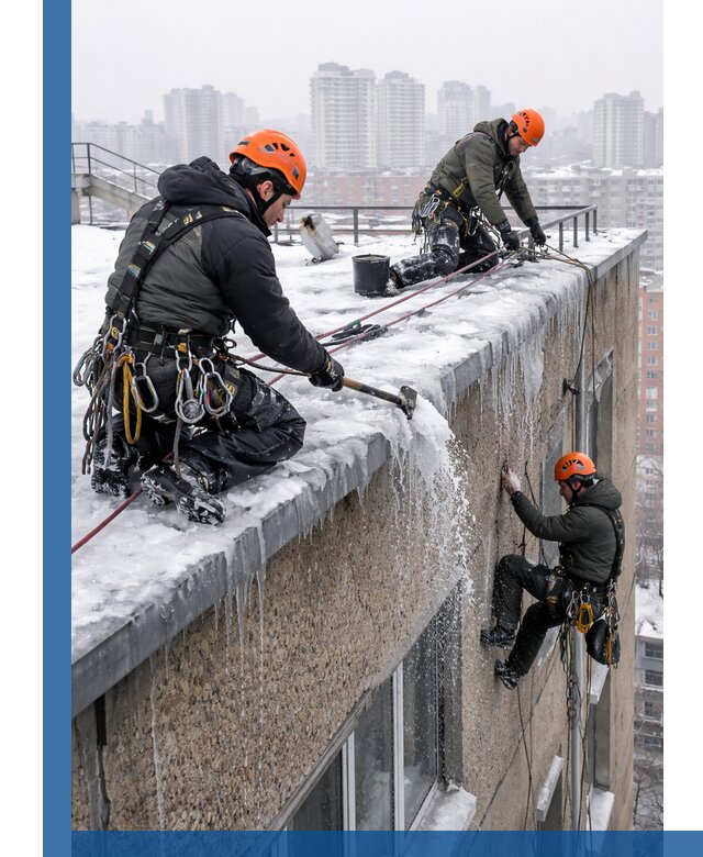 Удаление наледи с кровли в Геленджике промышленными альпинистами