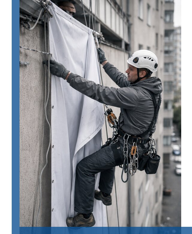 Замена баннерного полотна промышленными альпинистами в Геленджике