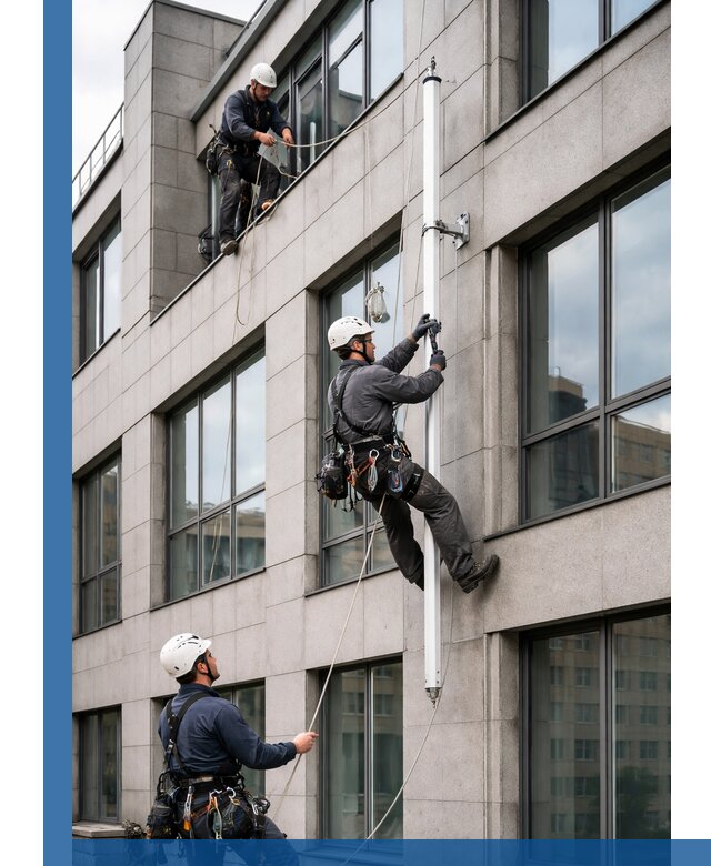 Монтаж флагштока на фасаде здания с креплением и герметикой в Геленджике