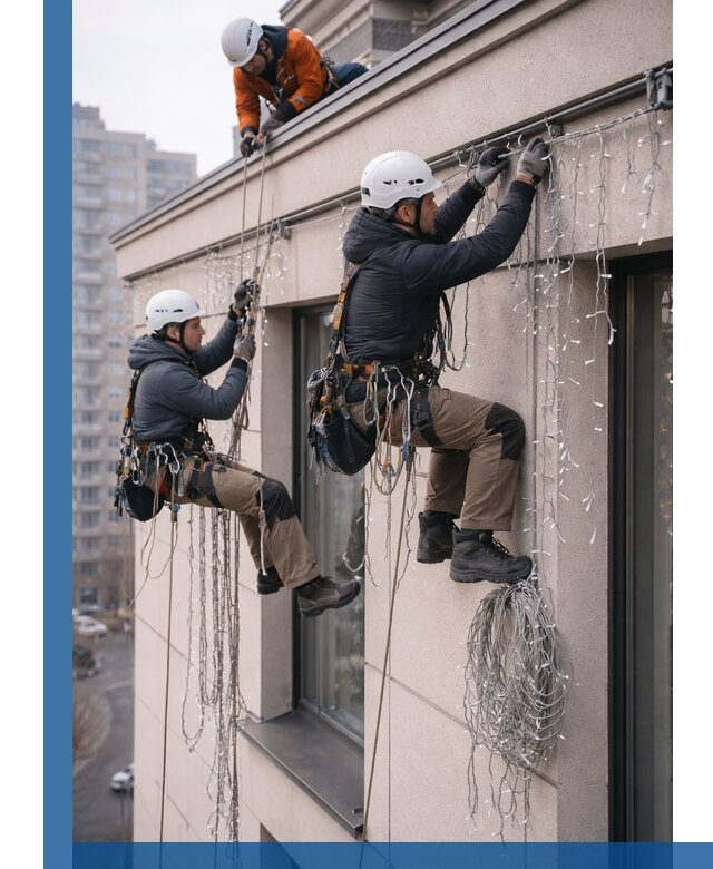 Монтаж праздничных гирлянд на фасаде в Геленджике для зданий