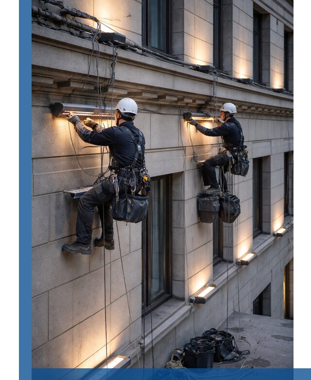 Монтаж архитектурной подсветки фасадов зданий в Геленджике