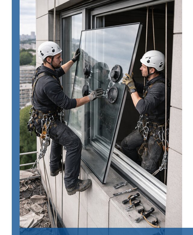 Замена стеклопакетов на высоте с промышленными альпинистами в Геленджике