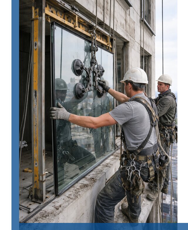 Монтаж стеклопакетов на высоте в Геленджике с промышленным альпинизмом
