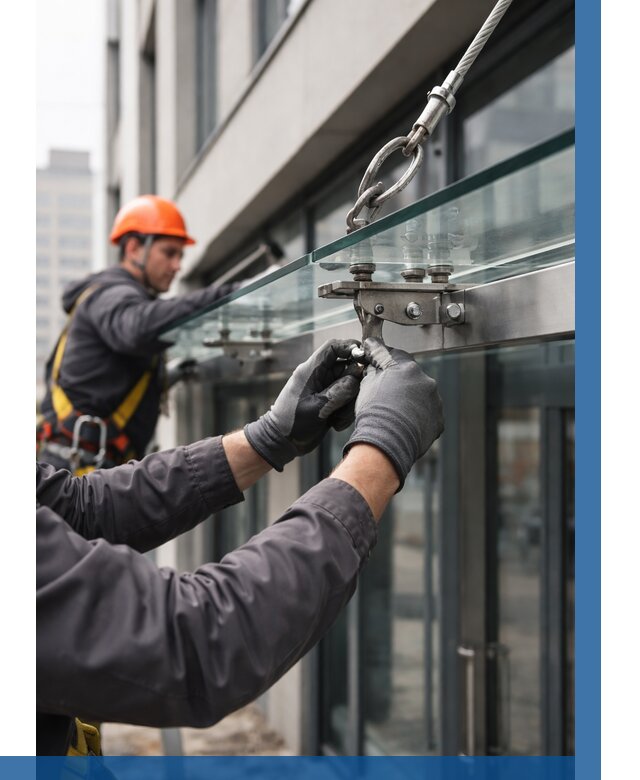 Монтаж стеклянных козырьков в Геленджике от 8835 р. | ВЫСОТНИК-Глн