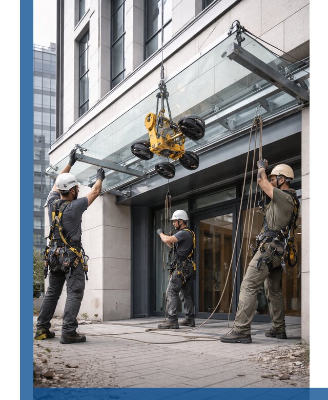 Монтаж стеклянных козырьков под ключ в Геленджике для зданий