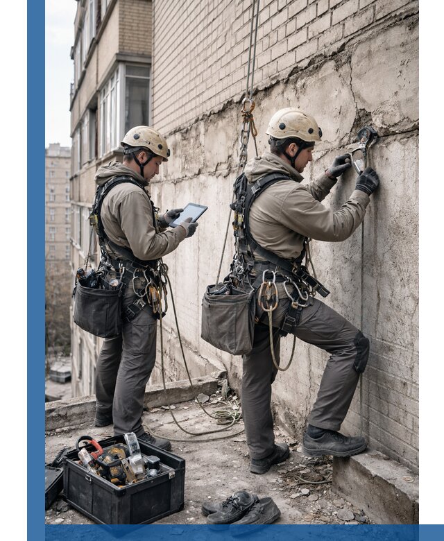 Обследование фасада промышленными альпинистами в Геленджике